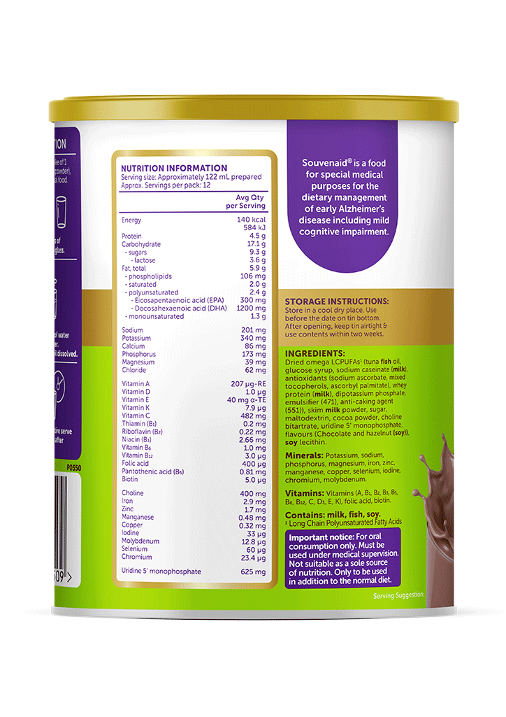 The nutrition panel on the back of Souvenaid Chocloate Hazelnut powder