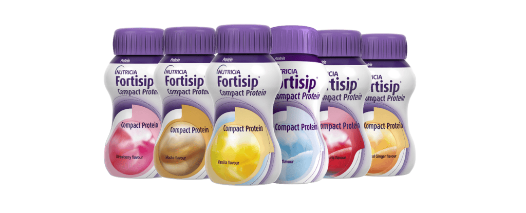 Bottles of Fortisip Compact Protein in different flavours