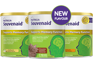 3 Souvenaid powder tins showcasing different flavours