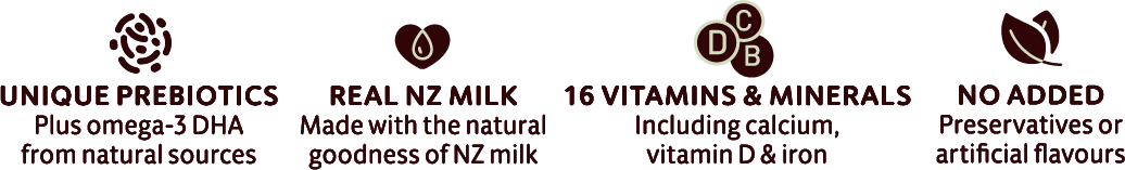 Horizontal banner featuring four nutrition claim icons and text. The sections highlight unique prebiotics with omega-3 DHA from natural sources, real NZ milk made with the natural goodness of New Zealand milk, and 16 vitamins and minerals including calcium, vitamin D and iron. The final section states no added preservatives or artificial flavours. The design uses simple brown icons and typography on a light checkered background.