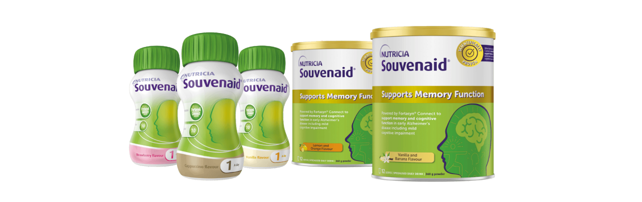 Bottles of Souvenaid liquid and Souvenaid powder tins 