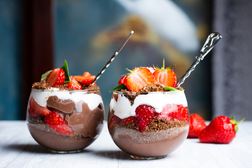 Forticreme Recipe Chocolate Layered Strawberry parfait with cream and chocolate closeup