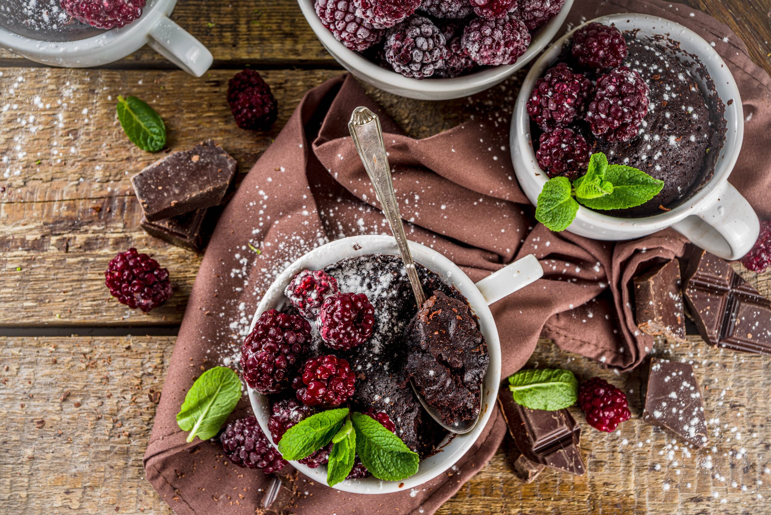Fortisip Chocolate Recipe: Homemade chocolate mug cake with blackberry. Breakfast easy snack recipe