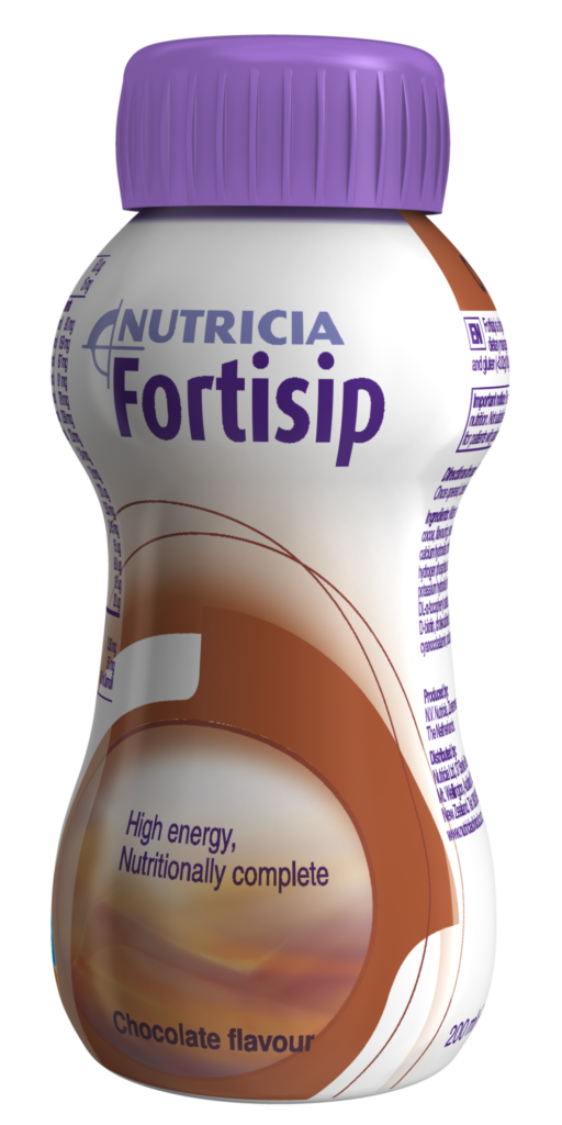 Fortisip chocolate flavour, ready-to-drink, nutritionally complete oral nutritional supplement.