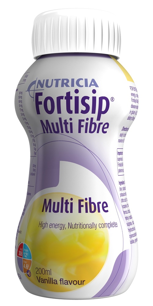 Fortisip Multi Fibre Vanilla flavour, high energy, fibre enriched, oral nutritional supplement.