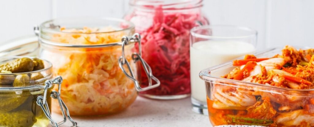 Fermented food in jars like yoghurt, kimchi, sauerkraut