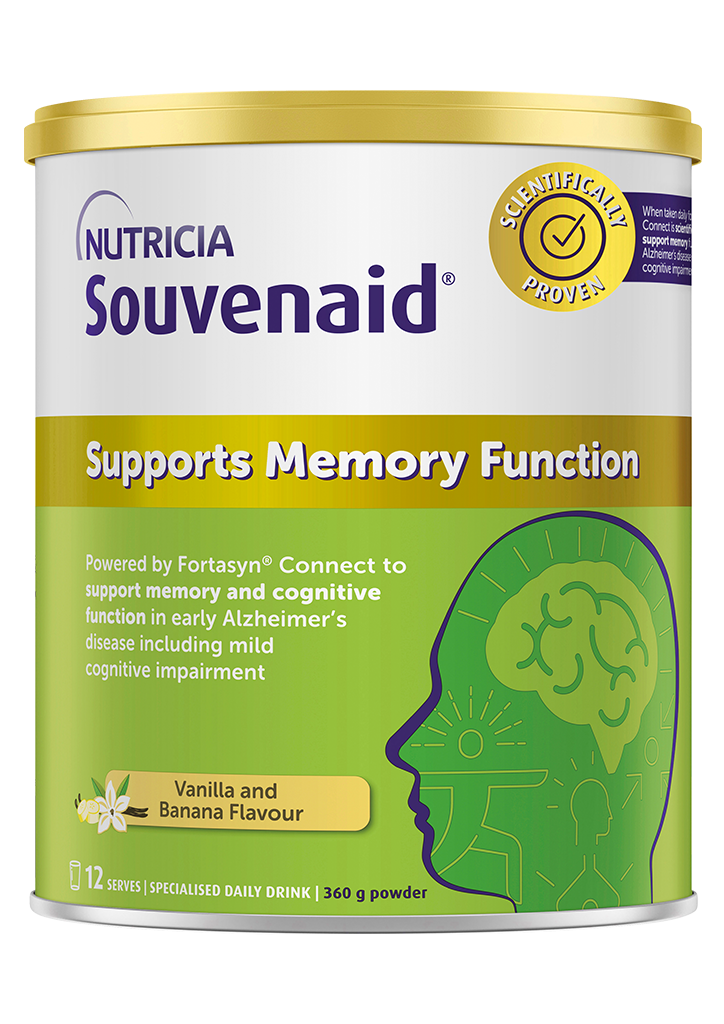Front view of a Souvenaid tin reading "Support Memory Function" and Vanilla and Banana Flavour.