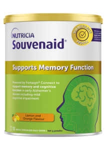 Front view of a Souvenaid tin reading "Support Memory Function" and Lemon and Orange Flavour.