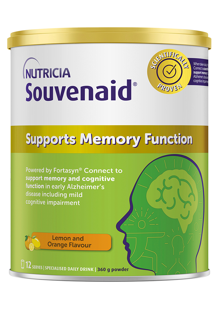 Front view of a Souvenaid tin reading "Support Memory Function" and Lemon and Orange Flavour.