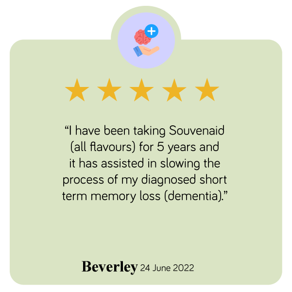 I have been taking Souvenaid (all flavours) for 5 years and it has assisted in slowing the process of my diagnosed short term memory loss (dementia) - Testimonial by Beverly June 2022